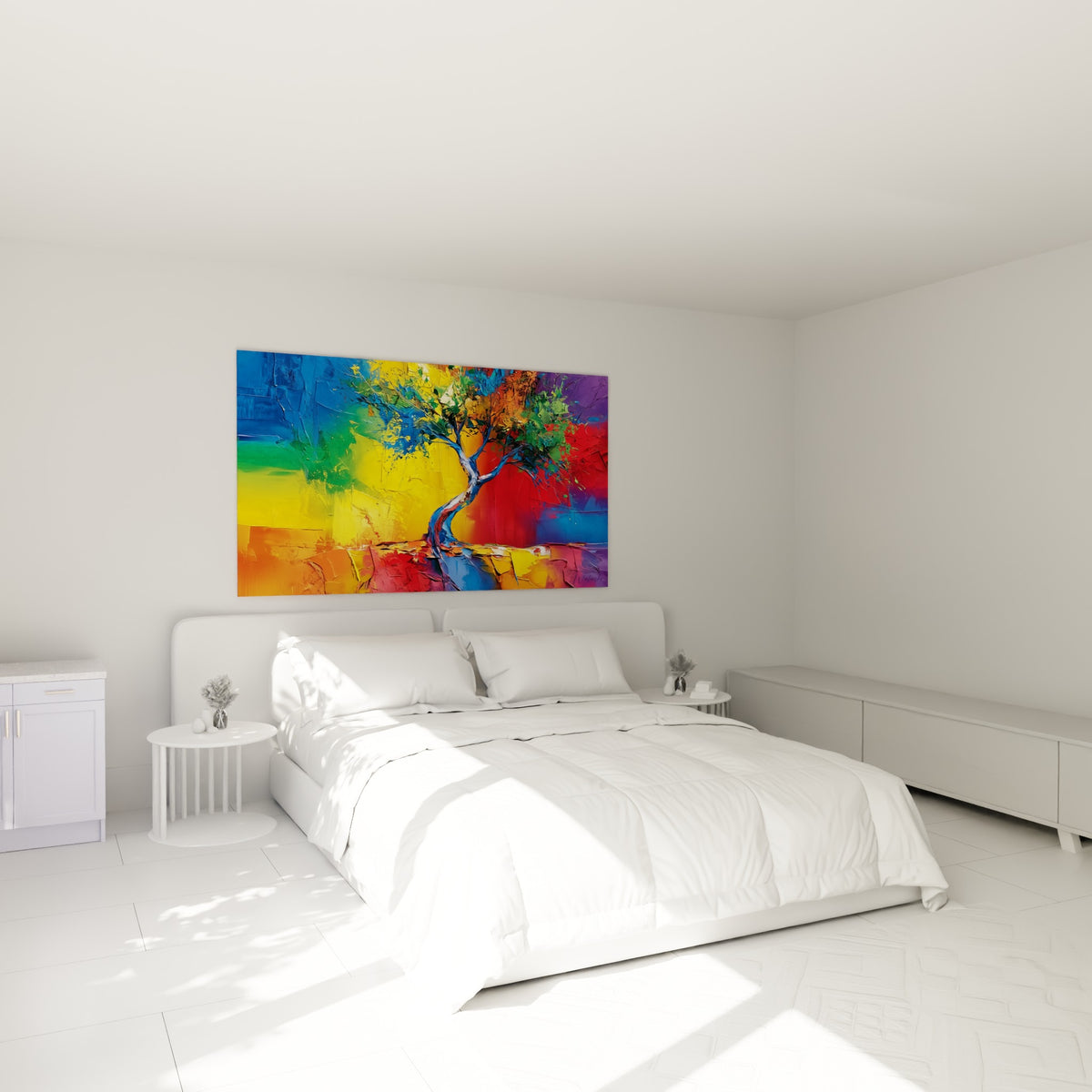 Arbre stylisé aux couleurs vives, tronc bleu et fond arc-en-ciel, au-dessus d'un lit dans une chambre claire