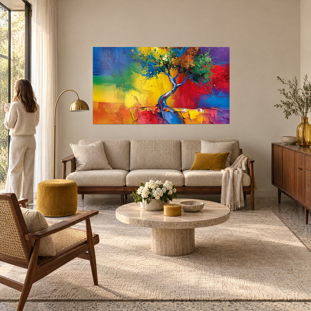 Quadro albero dal tronco contorto azzurro argentato su sfondo giallo, rosso e verde, donna di spalle, sopra un divano in un soggiorno luminoso