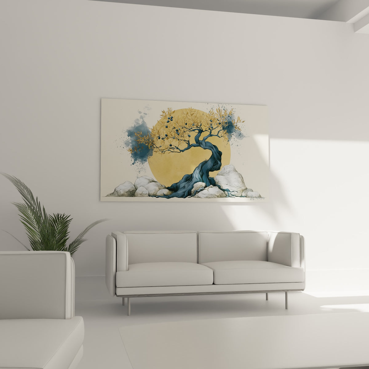 Silhouette dorée et bleu marine de l'Olivier suspendue au-dessus d'un canapé dans un salon lumineux