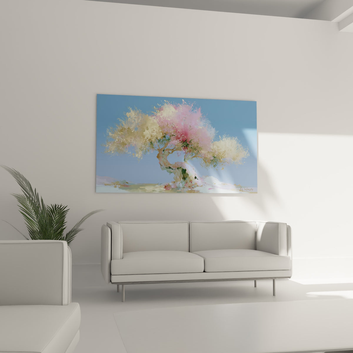 Arbre olivier stylisé aux tons bleu ciel, rose et doré, au-dessus d'un canapé dans un salon lumineux