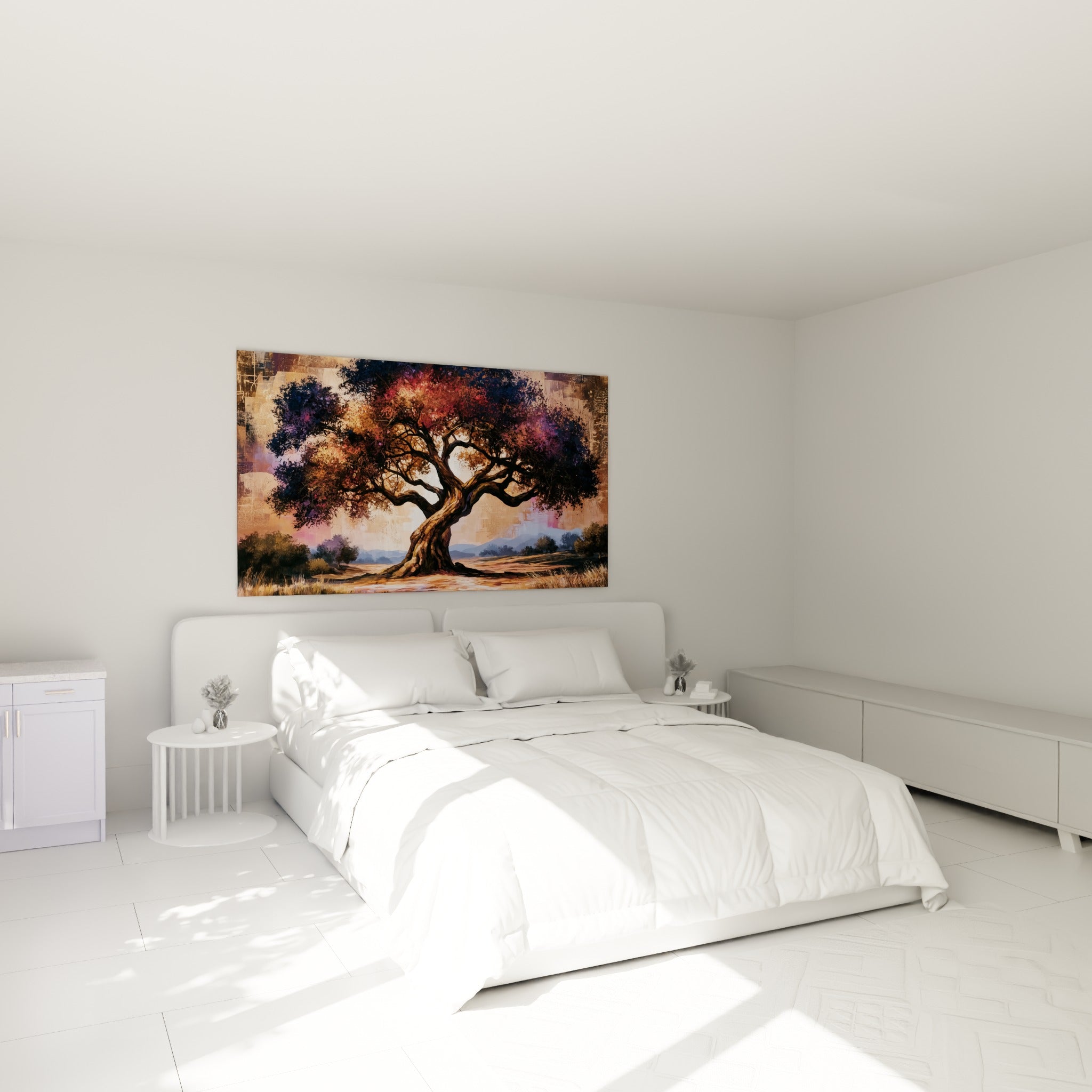 Arbre séculaire aux teintes bleu marine et terracotta accroché au-dessus d'un lit dans une chambre claire