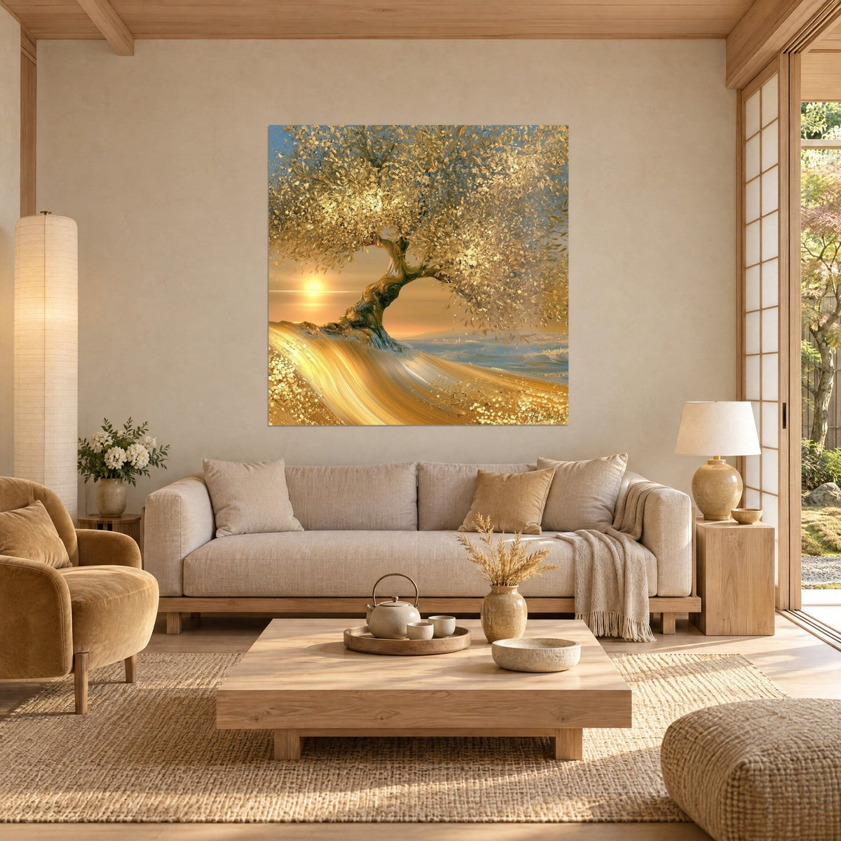Gemälde Olivenbaum mit goldenen Blättern unter einer untergehenden Sonne, geschnitzter ockerfarbener und brauner Stamm, über einem Sofa in einem hellen Wohnzimmer