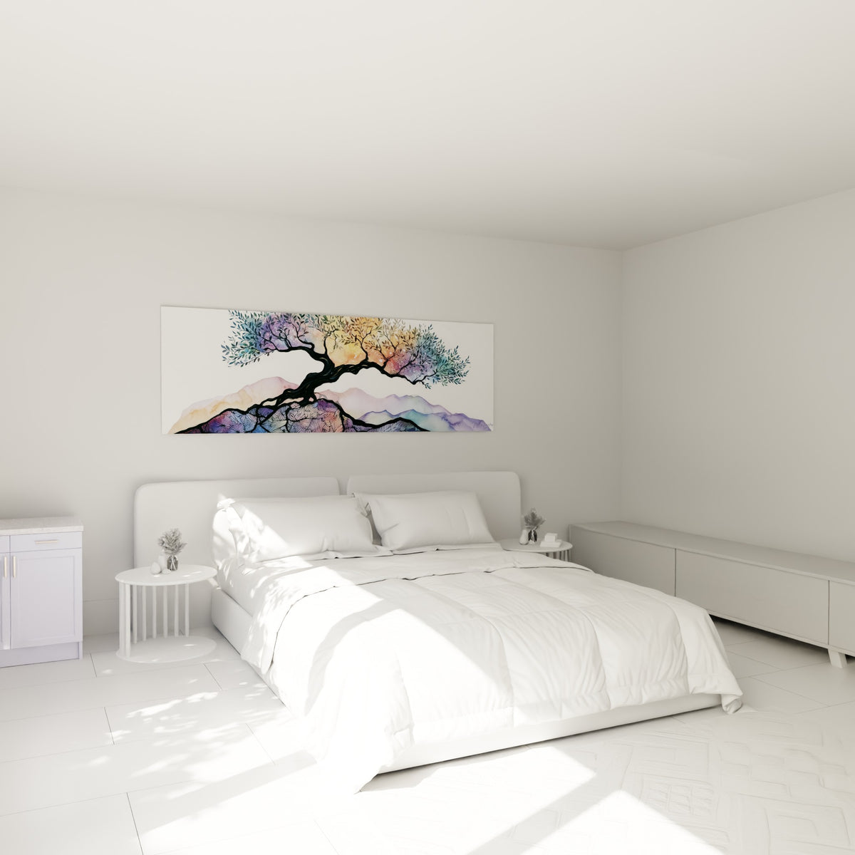 Silhouette d'olivier mauve et bleu pastel accrochée au-dessus d'un lit dans une chambre claire
