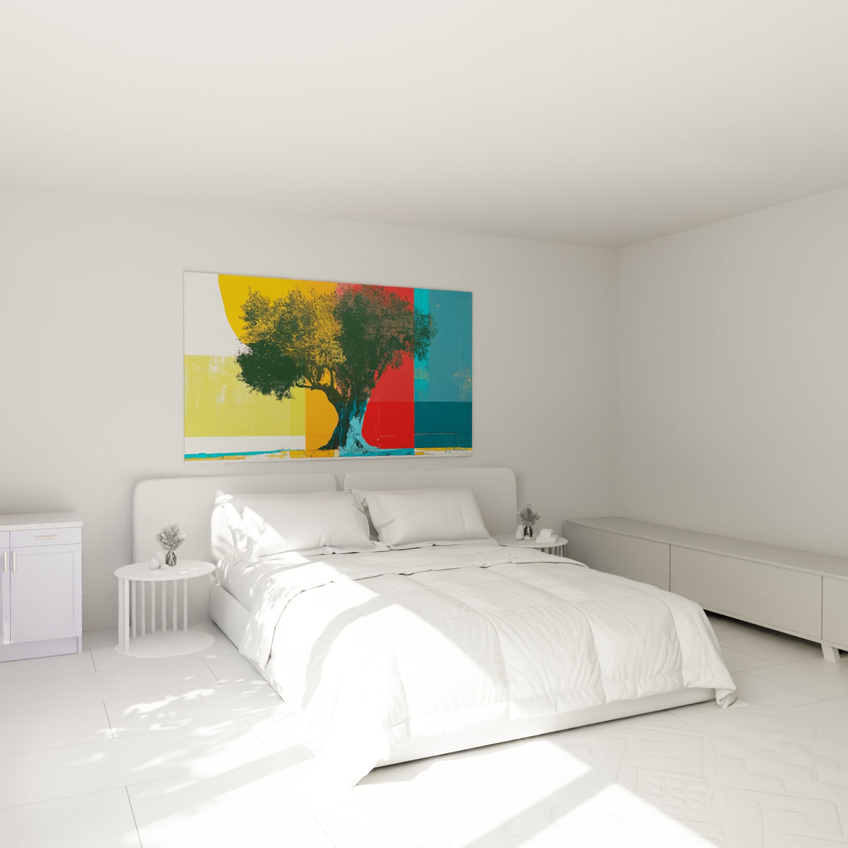 Silhouette d'olivier rouge et bleu pétrole accrochée au-dessus d'un lit dans une chambre claire