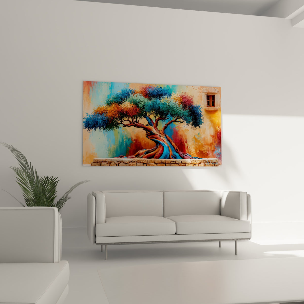 Olivier coloré aux teintes bordeaux et turquoise, feuillage dense, au-dessus d'un canapé dans un salon lumineux