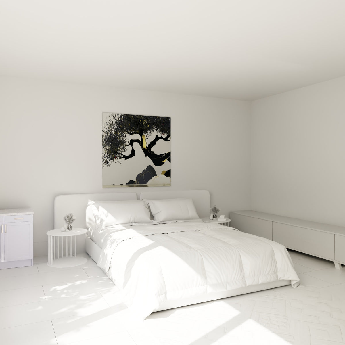 Branches noires et dorées de l'olivier surplombant un lit dans une chambre claire