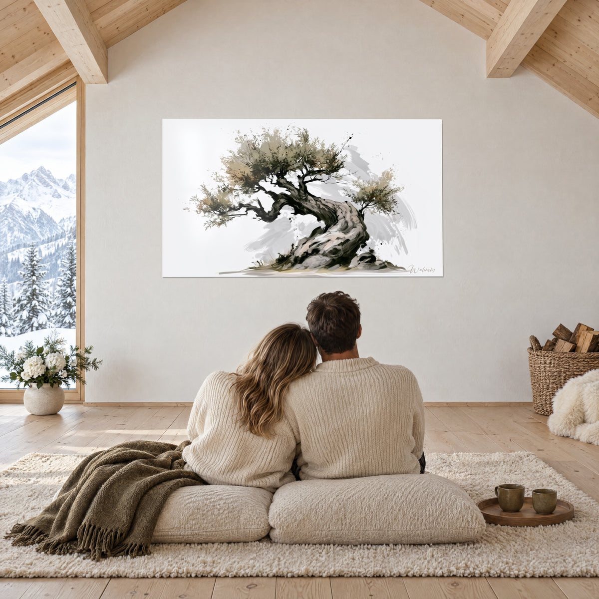Cuadro silueta de olivo con ramas arqueadas verde oscuro y beige dorado, manchas de tinta gris, en un salón soleado de chalet
