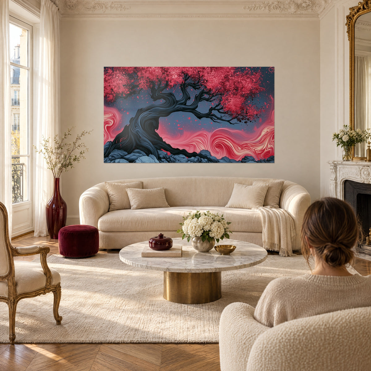 Gemälde knorriger Olivenbaum mit korallenrotem Laub und anthrazitfarbenem Stamm, rosafarbene Spiralen, über einem Sofa in einem hellen Wohnzimmer