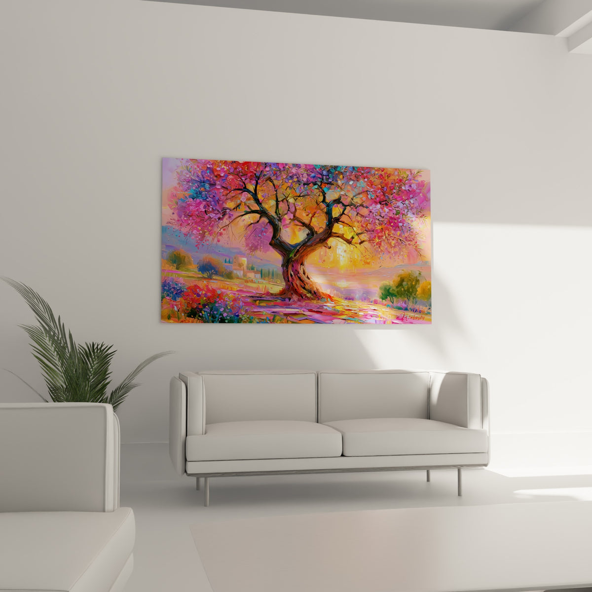 Branches noueuses violettes et roses, lumière dorée, au-dessus d'un canapé dans un salon lumineux