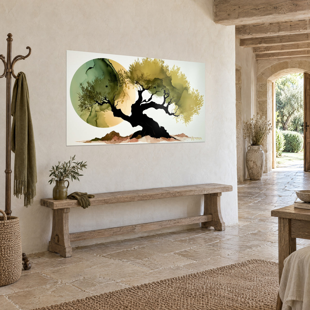 Wall art black ink tree silhouette beneath mustard yellow foliage and a sage circle, on a stone wall, three-quarter view