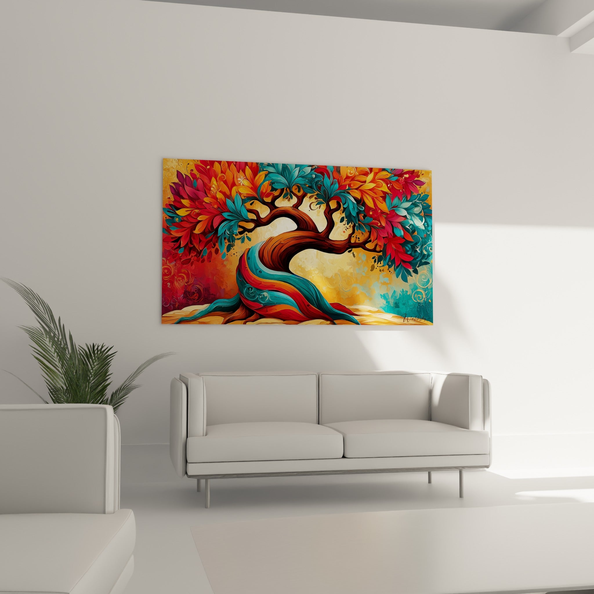 Silhouette végétale ocre et corail déployant ses branches, au-dessus d'un canapé dans un salon lumineux