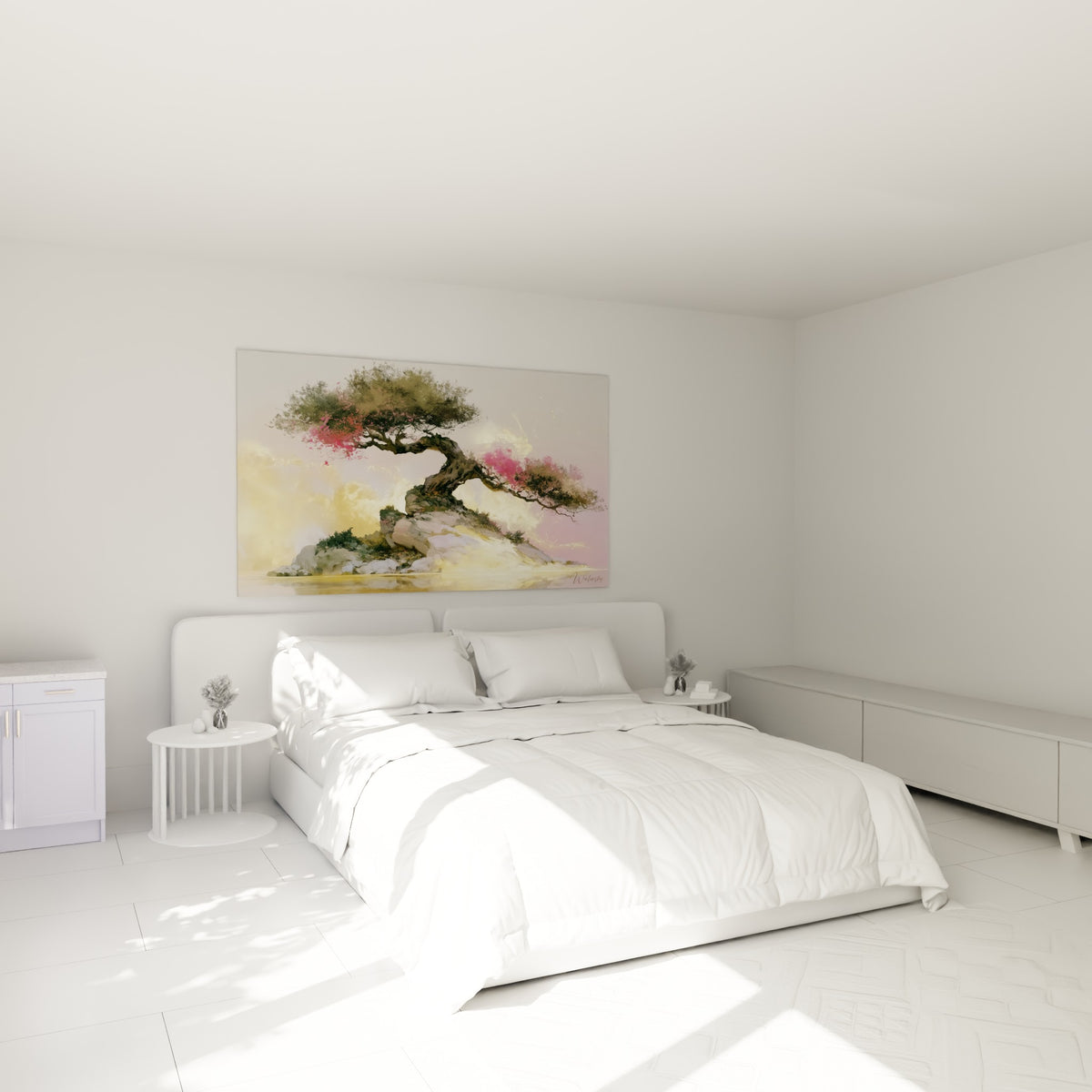 Arbre tourmenté doré et rose pastel accroché au-dessus d'un lit dans une chambre claire