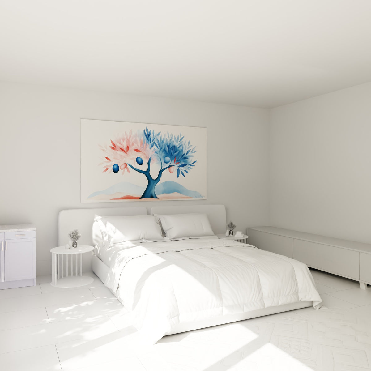 Branches d'olivier bleu et rose peintes en aquarelle, au-dessus d'un lit dans une chambre claire