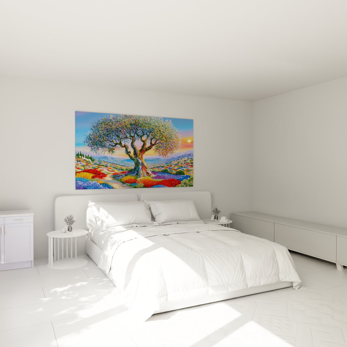 Arbre méditerranéen aux couleurs vives, accroché au-dessus d'un lit dans une chambre claire