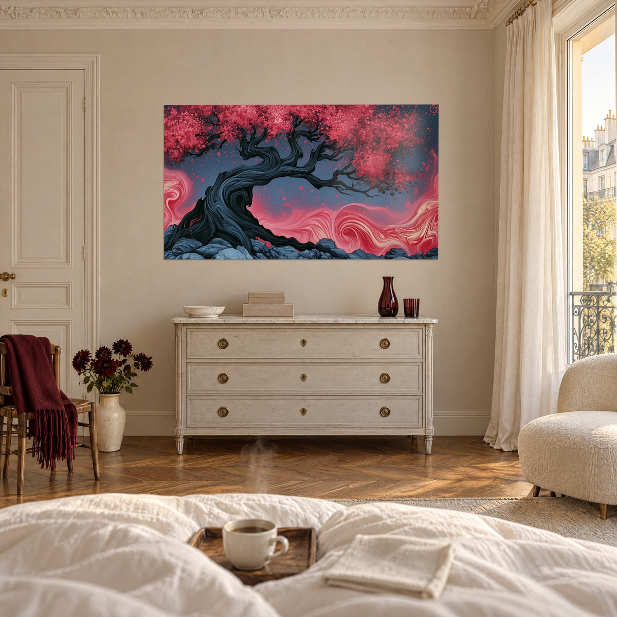 Gemälde alter Olivenbaumstamm mit gebogenen Ästen, himbeerfarbenes Laub und schiefergrauer Hintergrund, über einem Bett in einem hellen Schlafzimmer