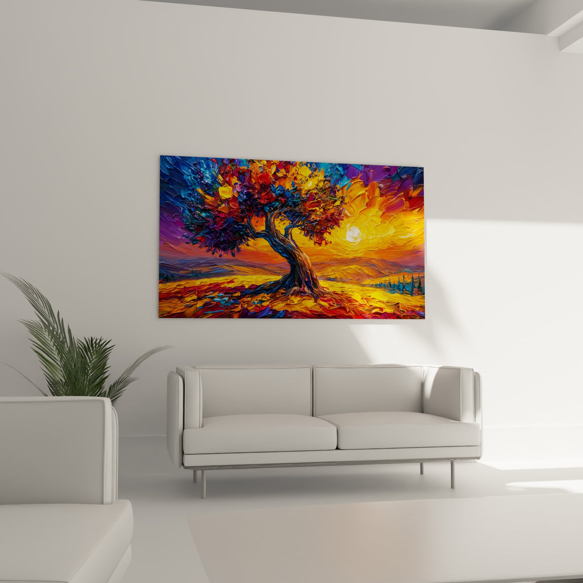 Feuillage flamboyant rouge et turquoise autour d'un soleil blanc, au-dessus d'un canapé dans un salon lumineux