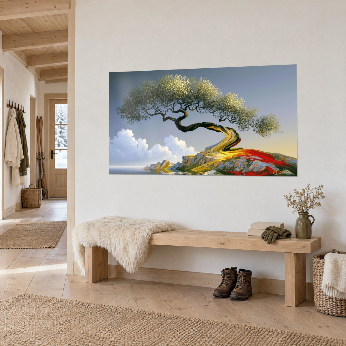 Cuadro árbol nudoso de copa dorada, nubes blancas, cielo gris azulado, visto de tres cuartos, banco de madera de una cabaña