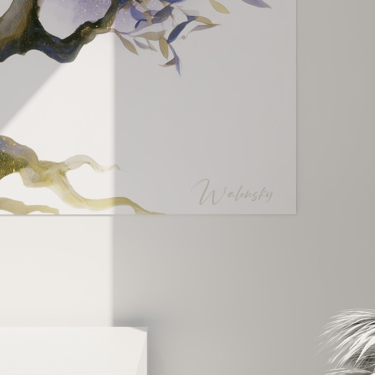 Détail de l'écorce dorée texturée et des feuilles bleu gris de l'olivier peint à l'aquarelle