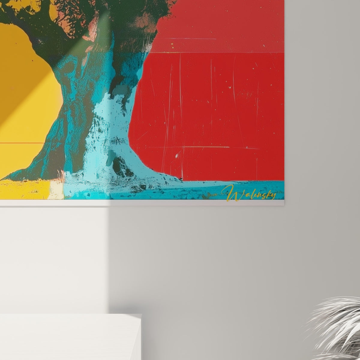 Détail du tronc bleu turquoise et des empâtements colorés rouge et jaune de l'olivier peint