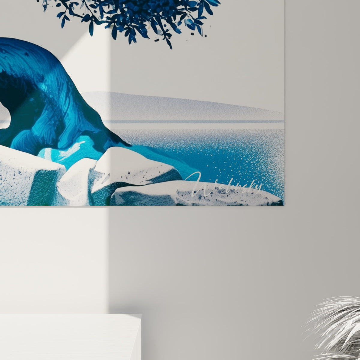 Détail du feuillage doré et bleu marine de l'olivier, grain pictural et points de lumière dispersés visibles de près