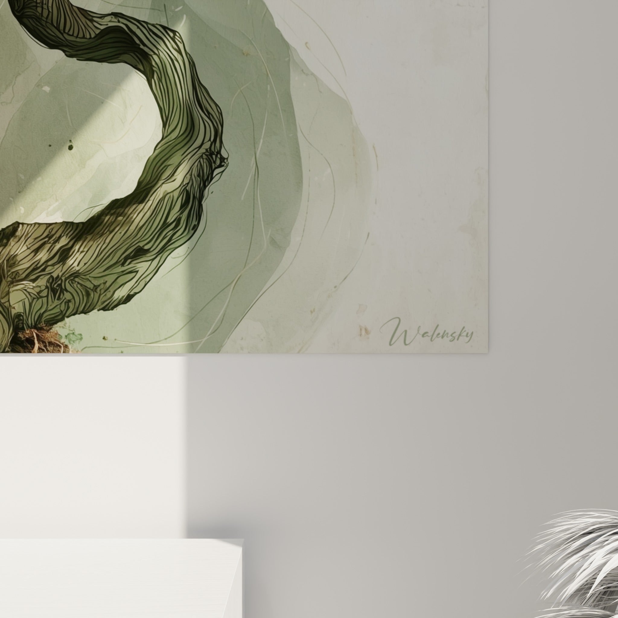Détail du trait noir et des empâtements du tronc, textures sauge et beige qui se fondent en gros plan