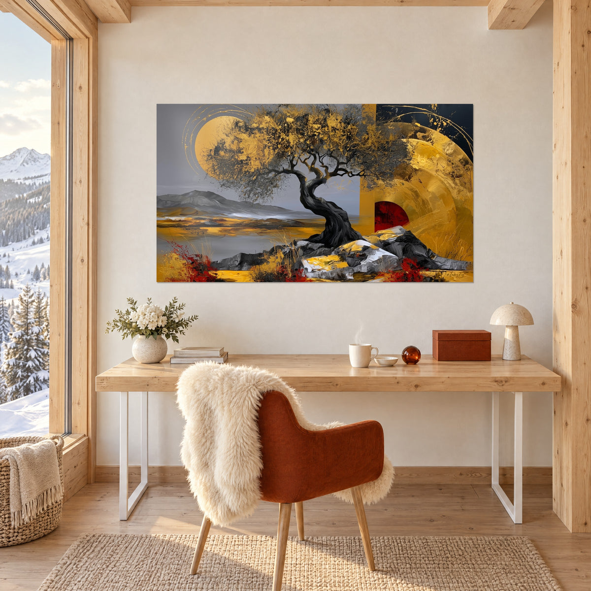 Cuadro paisaje de olivo dorado y negro, montañas grises y media luna roja, encima de un escritorio blanco junto a una ventana