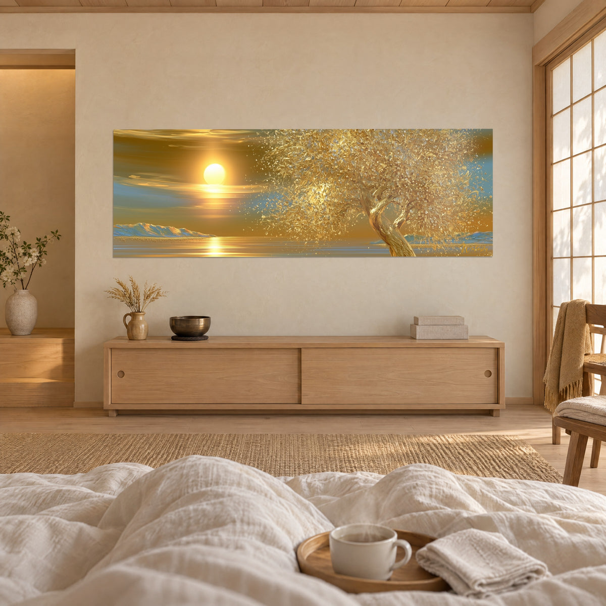 Gemälde glitzerndes goldenes Blattwerk vor leuchtend gelber Sonne auf blassblauem Grund, über einem Bett in einem hellen Schlafzimmer