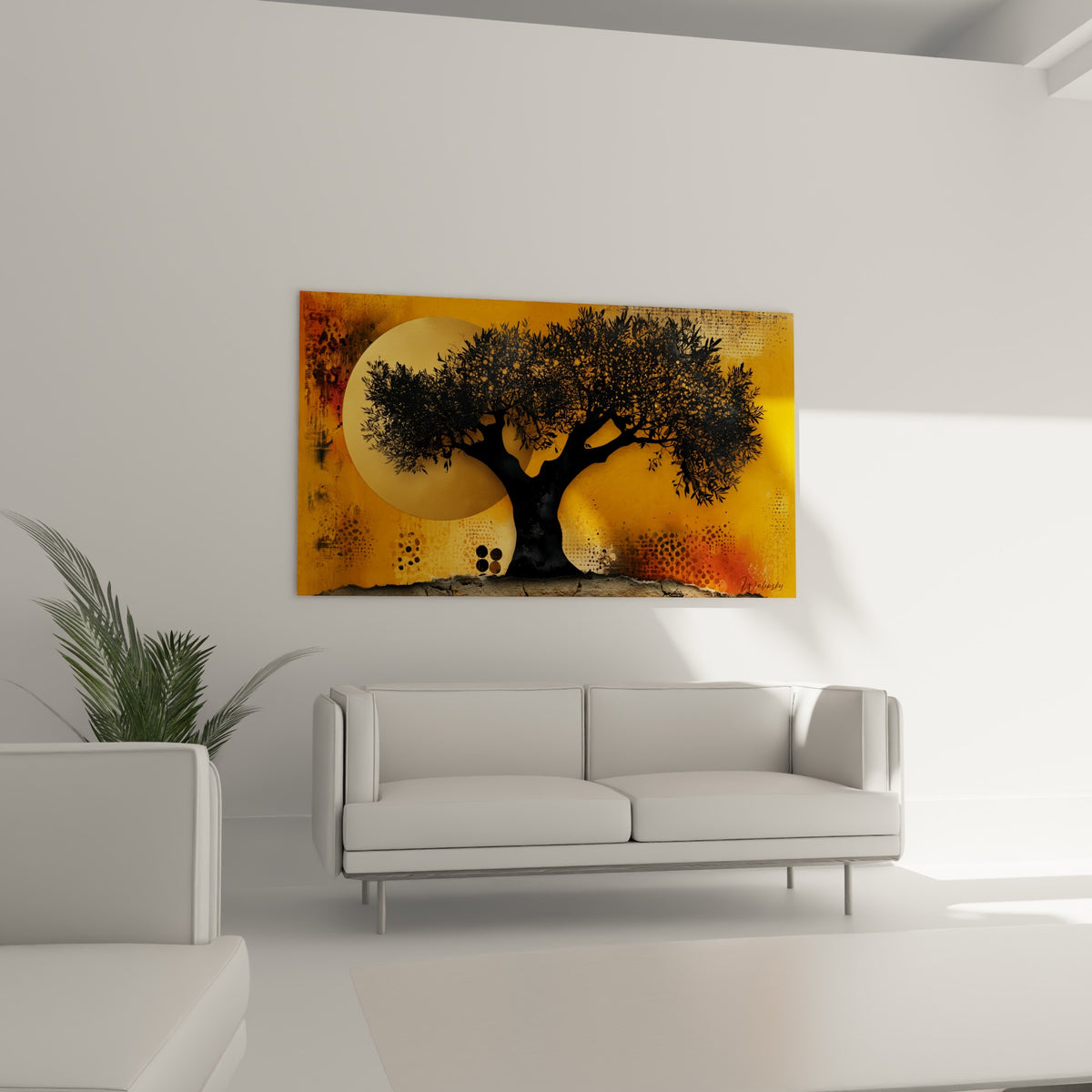 Arbre noueux noir et ocre doré représenté au-dessus d'un canapé dans un salon lumineux