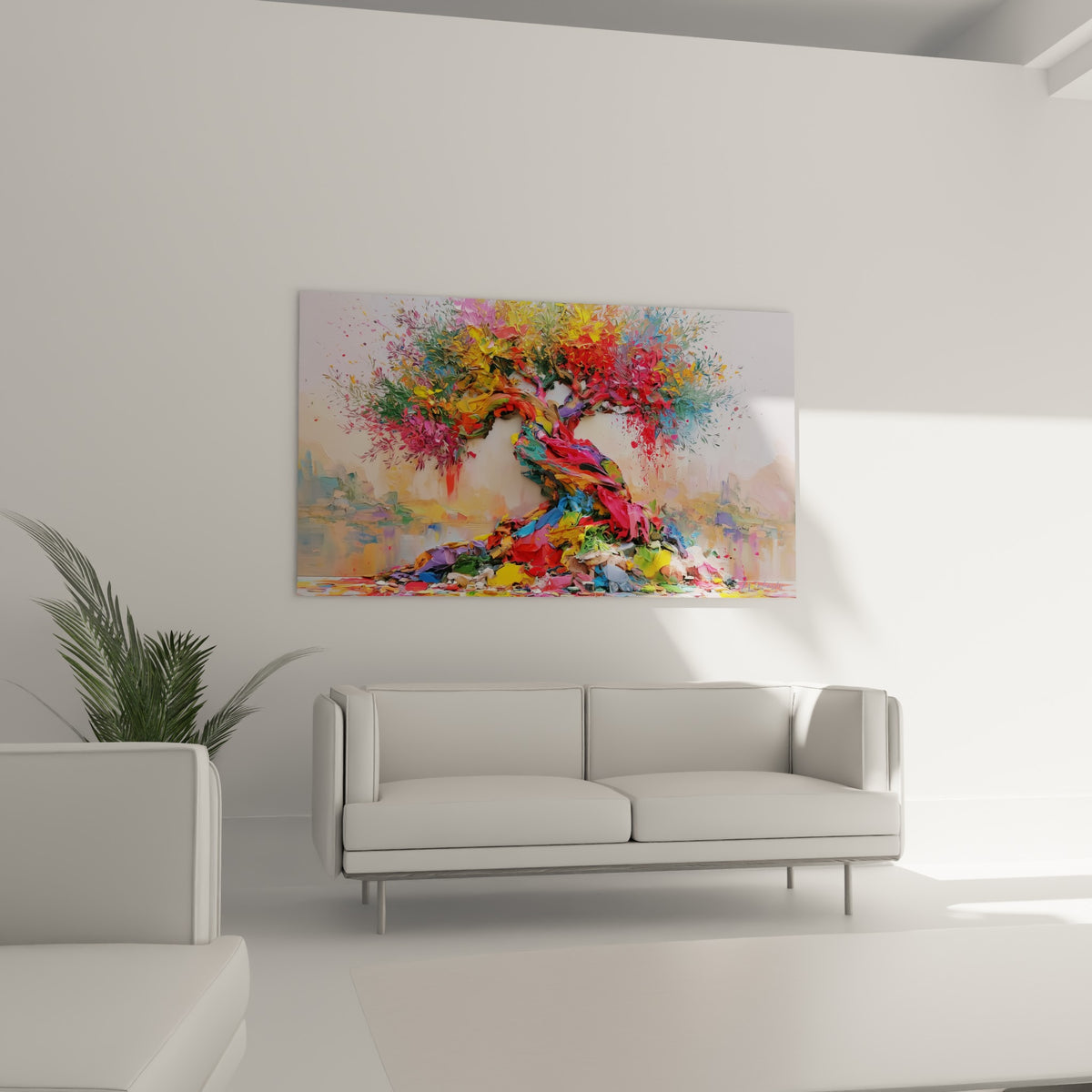 Arbre coloré aux teintes rouge et bleu, au-dessus d'un canapé dans un salon lumineux