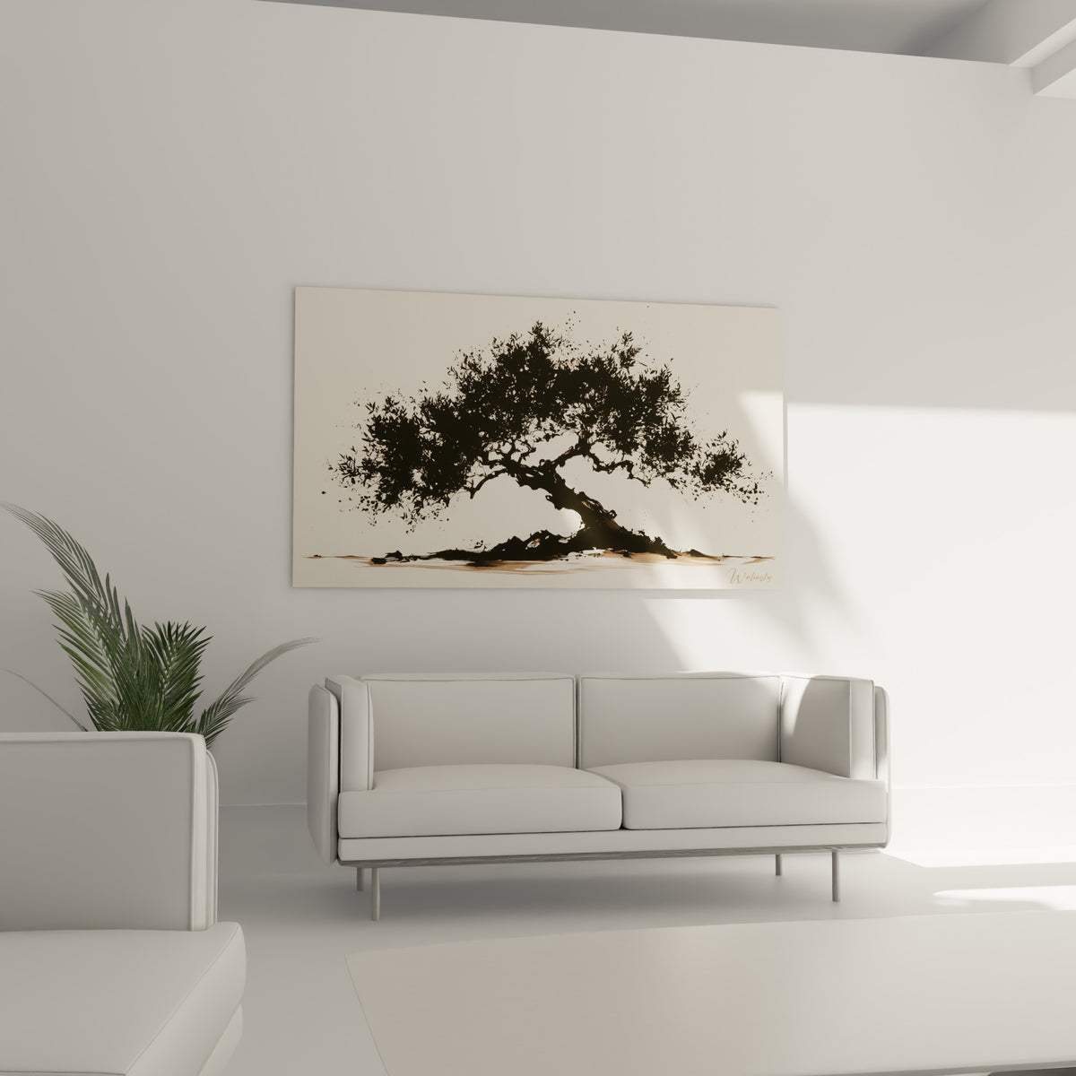 Arbre noueux aux tons noir et fauve installé au-dessus d'un canapé dans un salon lumineux