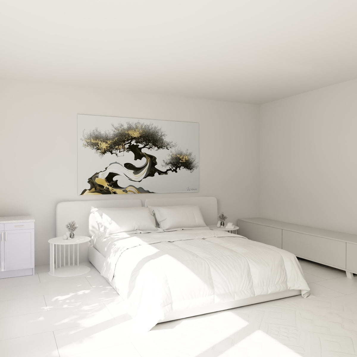 Silhouette d'olivier doré et anthracite accrochée au-dessus d'un lit dans une chambre claire