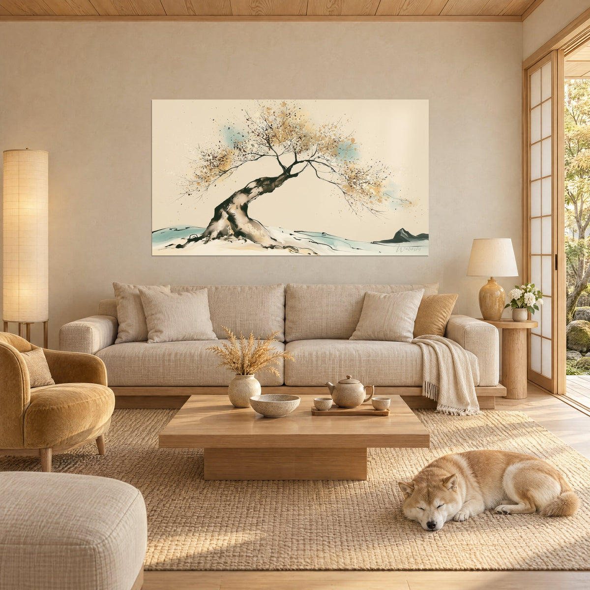 Schilderij kronkelige boom met okerkleurige en turquoise bladeren op crèmekleurige achtergrond, een slapende Shiba op het tapijt, boven een bank in een lichte woonkamer