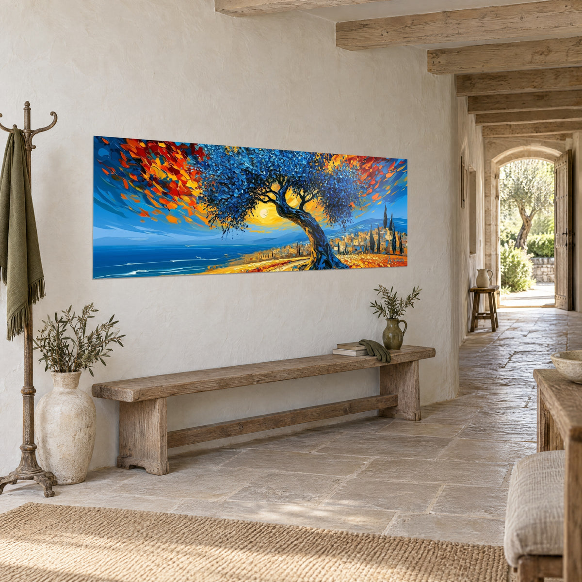 Quadro albero centenario dalla chioma indaco, borgo costiero ocra e cipressi scuri, mare turchese, muro di pietra di un corridoio