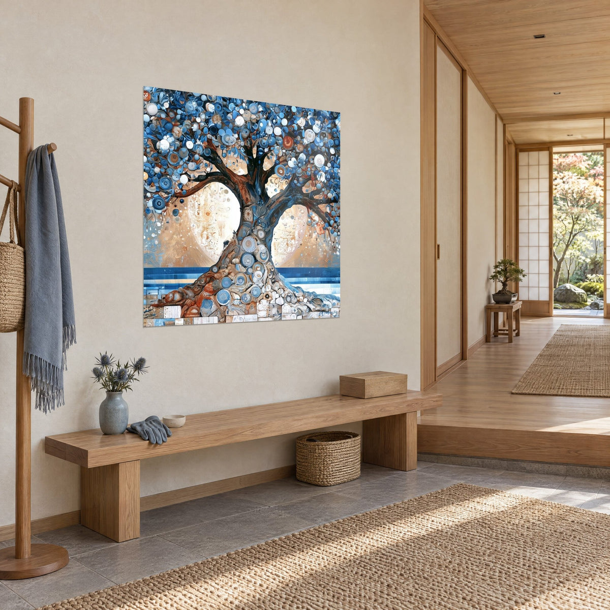 Tableau chêne stylisé au feuillage de disques bleus et blancs, tronc brun roux, lune sable, entrée japandi en bois clair