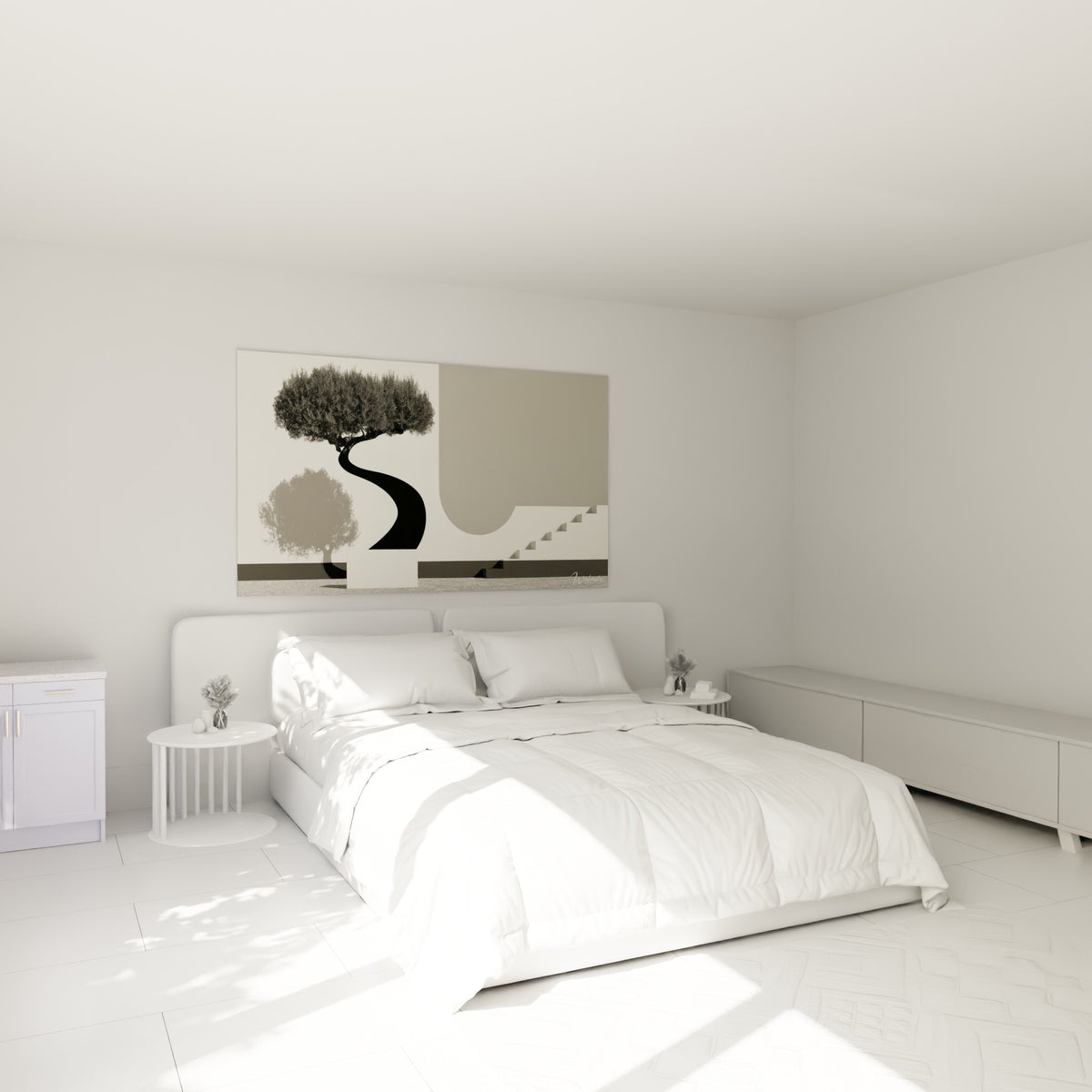 Arbre noir et gris aux formes architecturales, accroché au-dessus d'un lit dans une chambre claire