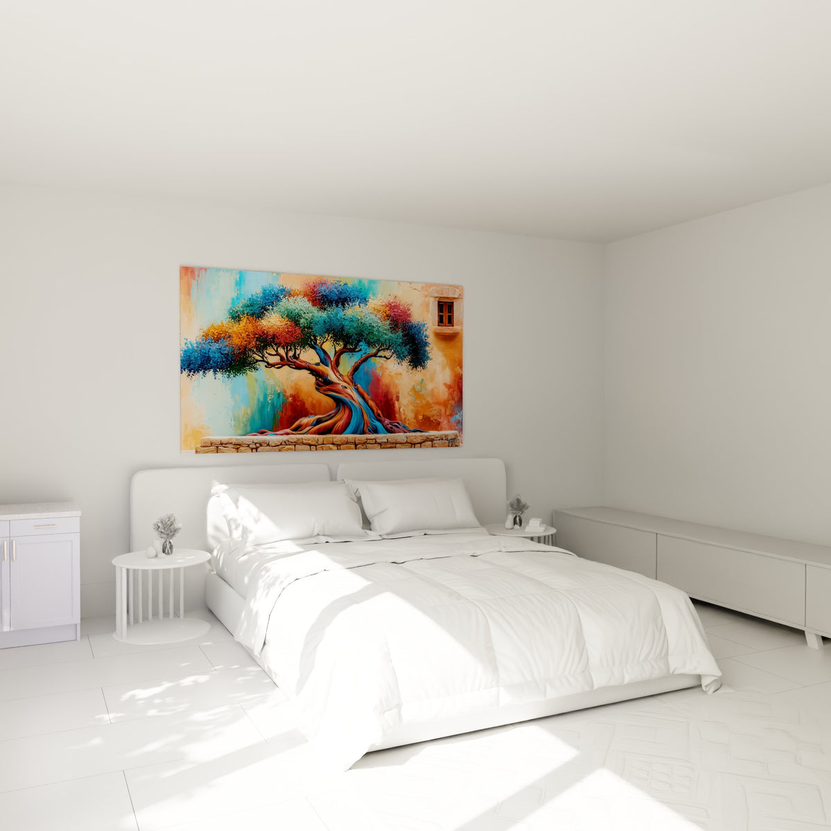 Arbre méditerranéen bleu et doré, tronc sinueux, accroché au-dessus d'un lit dans une chambre claire