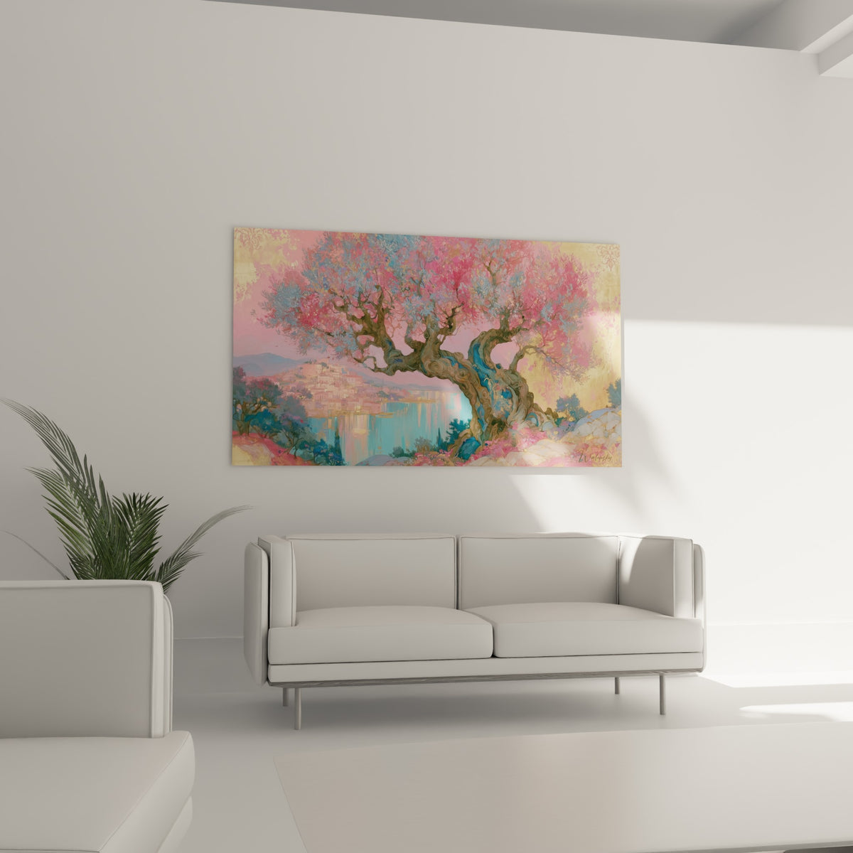 Cet arbre méditerranéen rose et turquoise surplombe un canapé dans un salon lumineux et épuré