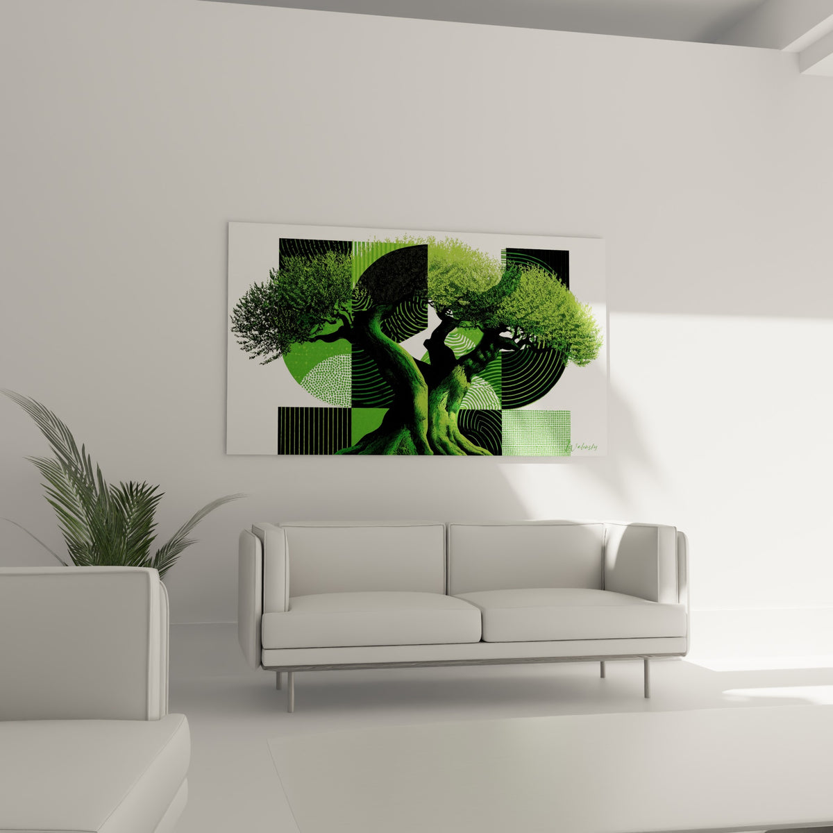 Tronc noueux vert sauge se détachant sur des motifs noirs, au-dessus d'un canapé dans un salon lumineux