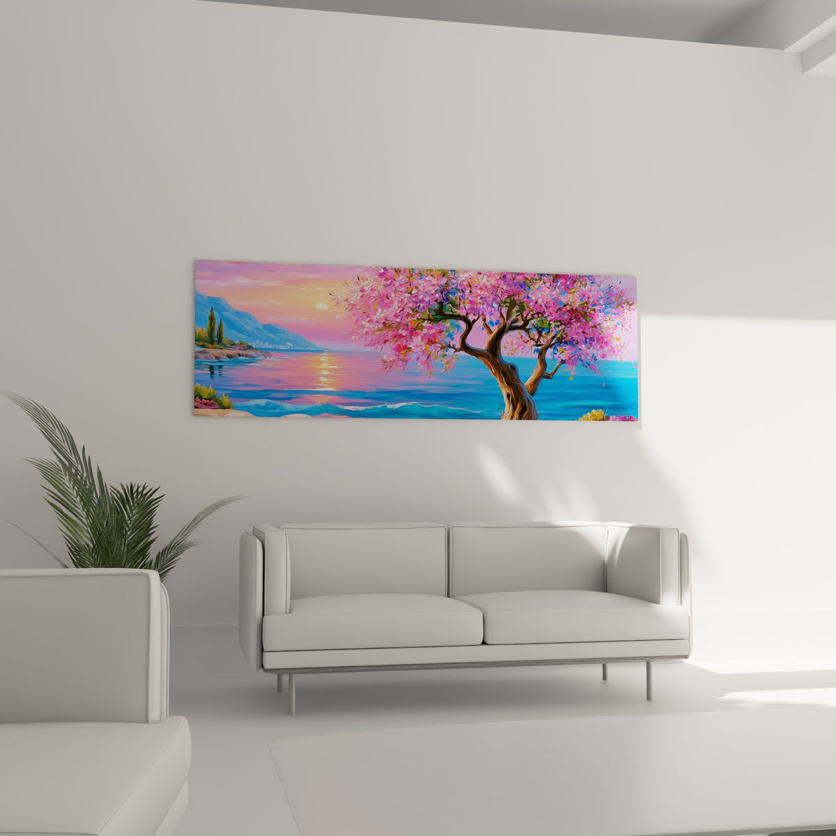 Feuillage rose et tronc ocre d'un olivier fleuri au-dessus d'un canapé dans un salon lumineux