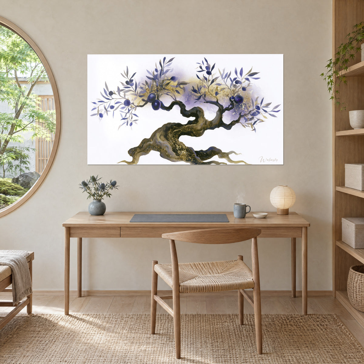 Wall art watercolour olive tree with blue-violet leaves and flecks of gold, pure white background, hung above a light oak desk beside a round window