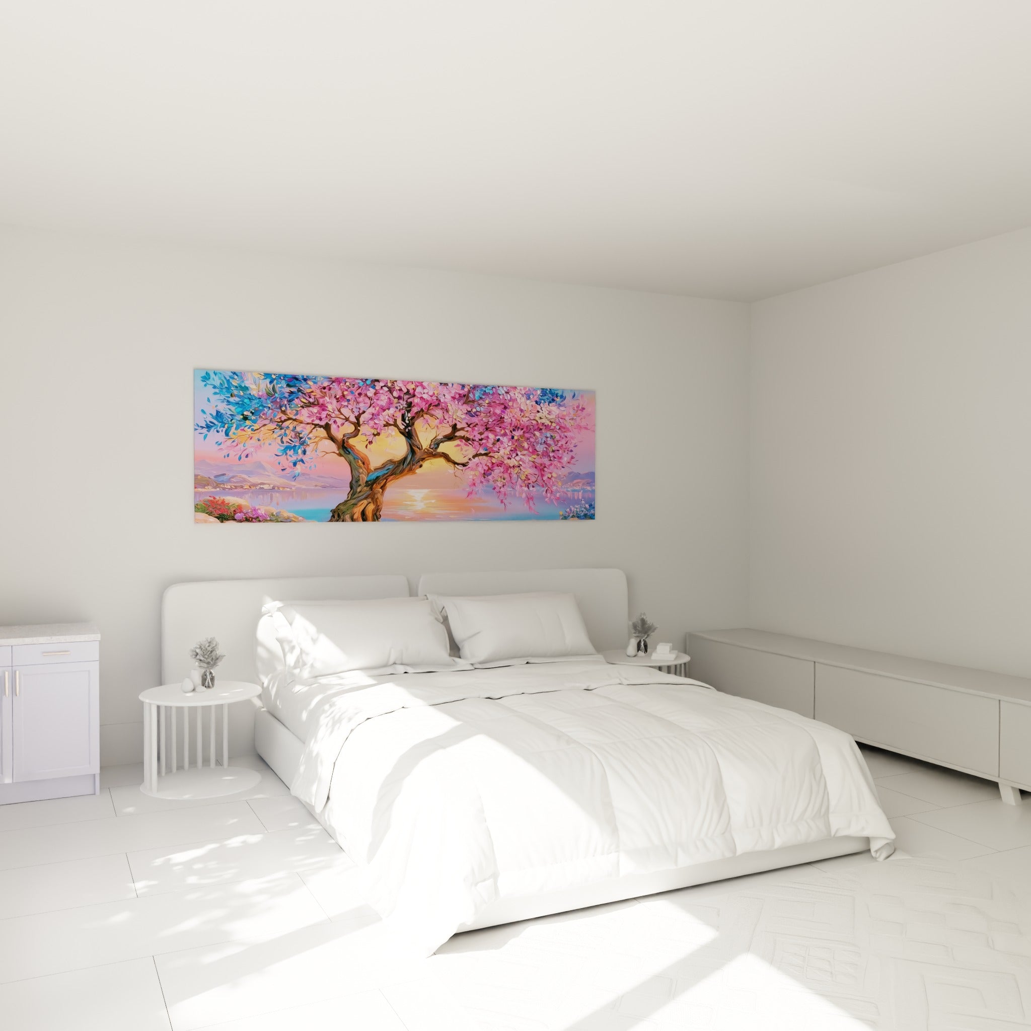 Fleurs roses et bleu pastel de l'olivier surplombant un lit dans une chambre claire