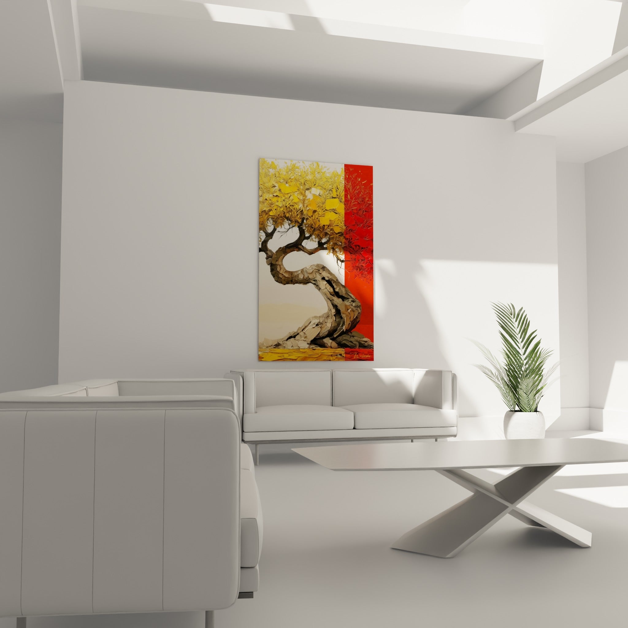 Branches sinueuses beige et jaune doré illuminant un tableau au-dessus d'un canapé dans un salon lumineux