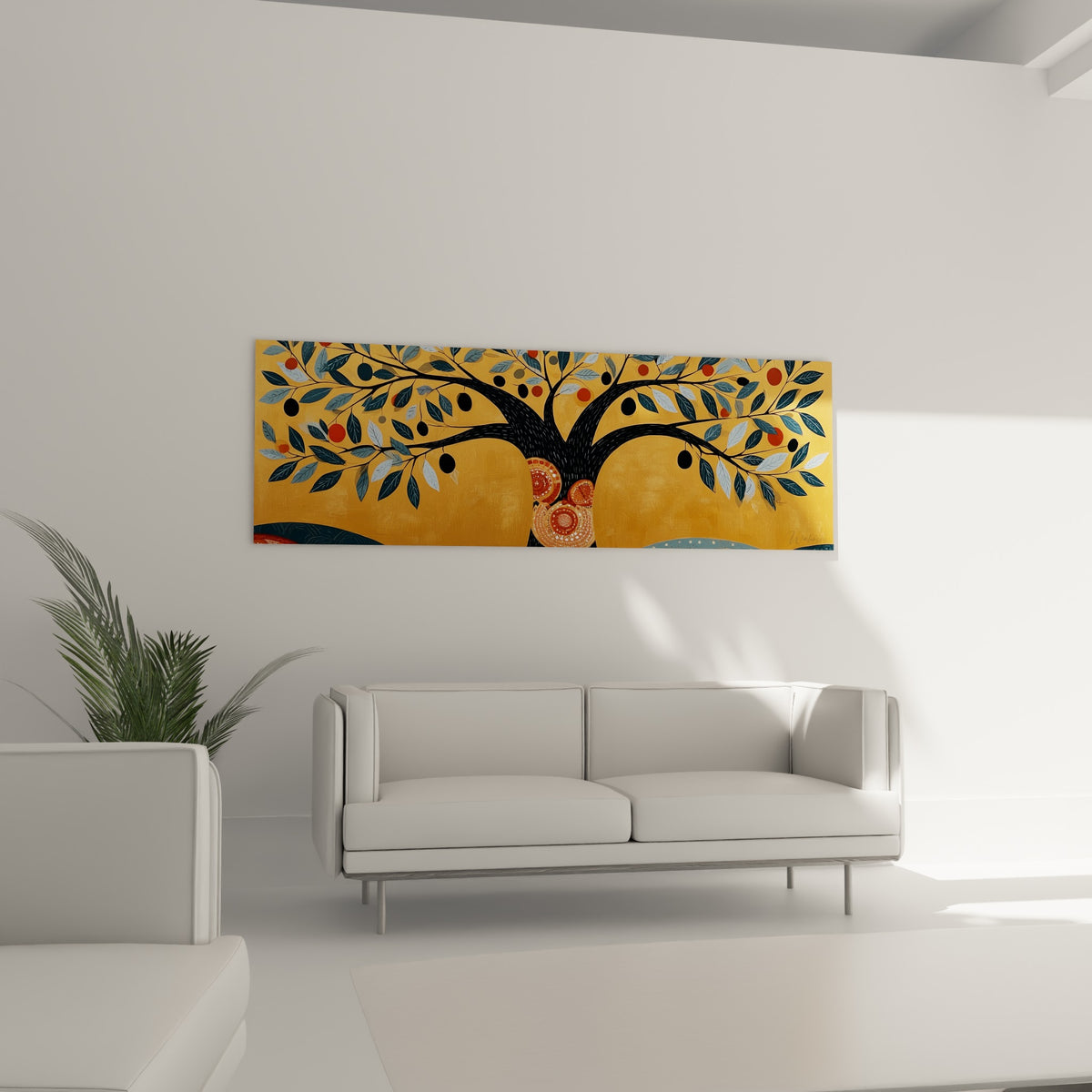 Branches noires de l'olivier avec fruits rouges et feuilles bleutées, au-dessus d'un canapé dans un salon lumineux