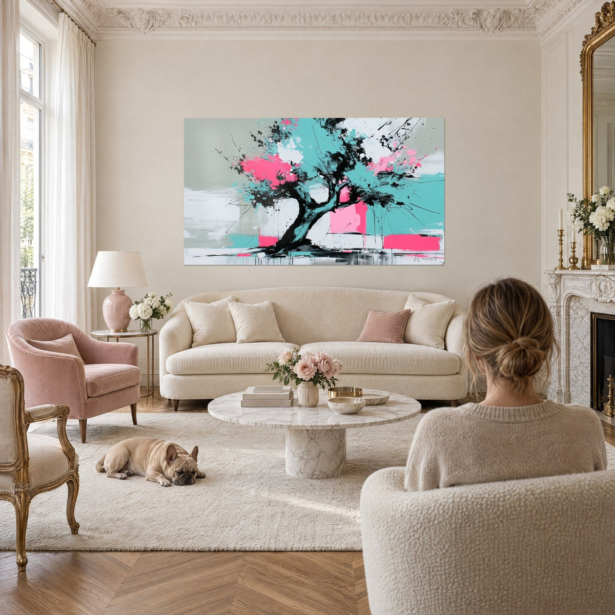 Schilderij gedraaide olijfboom bespat met turquoise en fel roze, parelgrijze achtergrond, vrouw van achteren en bulldog, boven een bank in een lichte woonkamer
