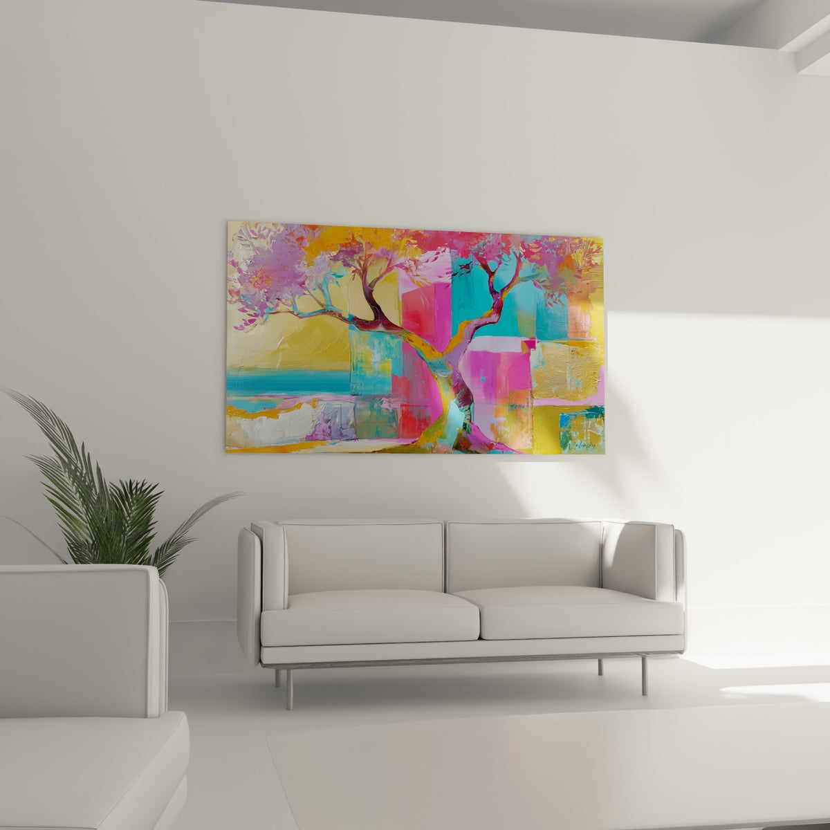 Silhouette d'olivier fuchsia et doré, tableau accroché au-dessus d'un canapé dans un salon lumineux