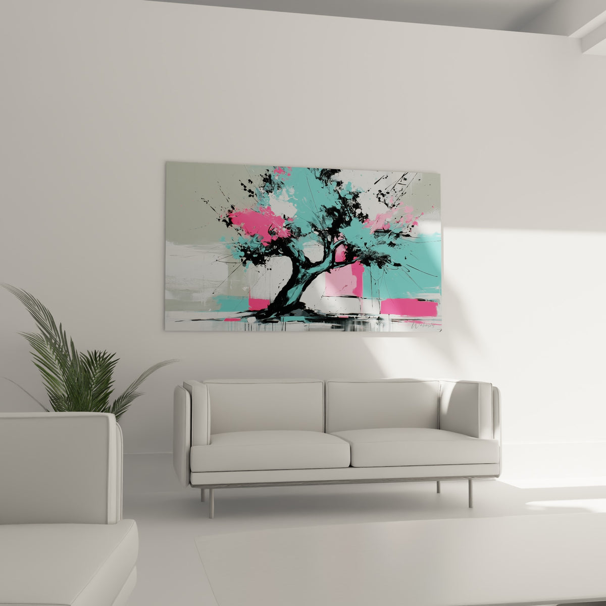 Composition abstraite d'un olivier noir aux touches roses et turquoise, au-dessus d'un canapé dans un salon lumineux