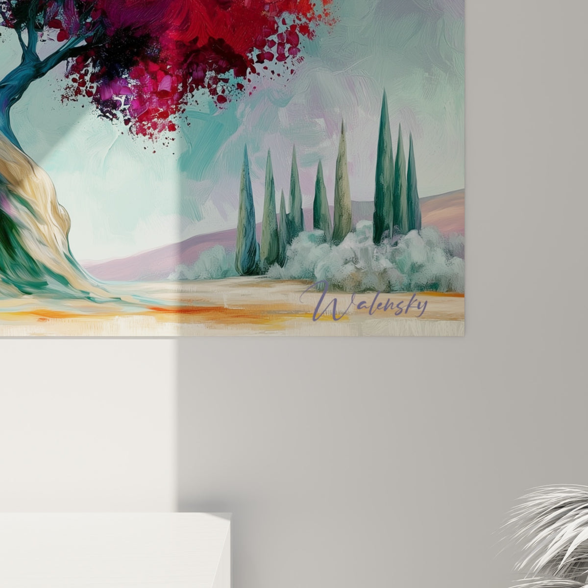 Empâtements colorés turquoise et corail visibles de près, matière épaisse sur toile d'un olivier peint
