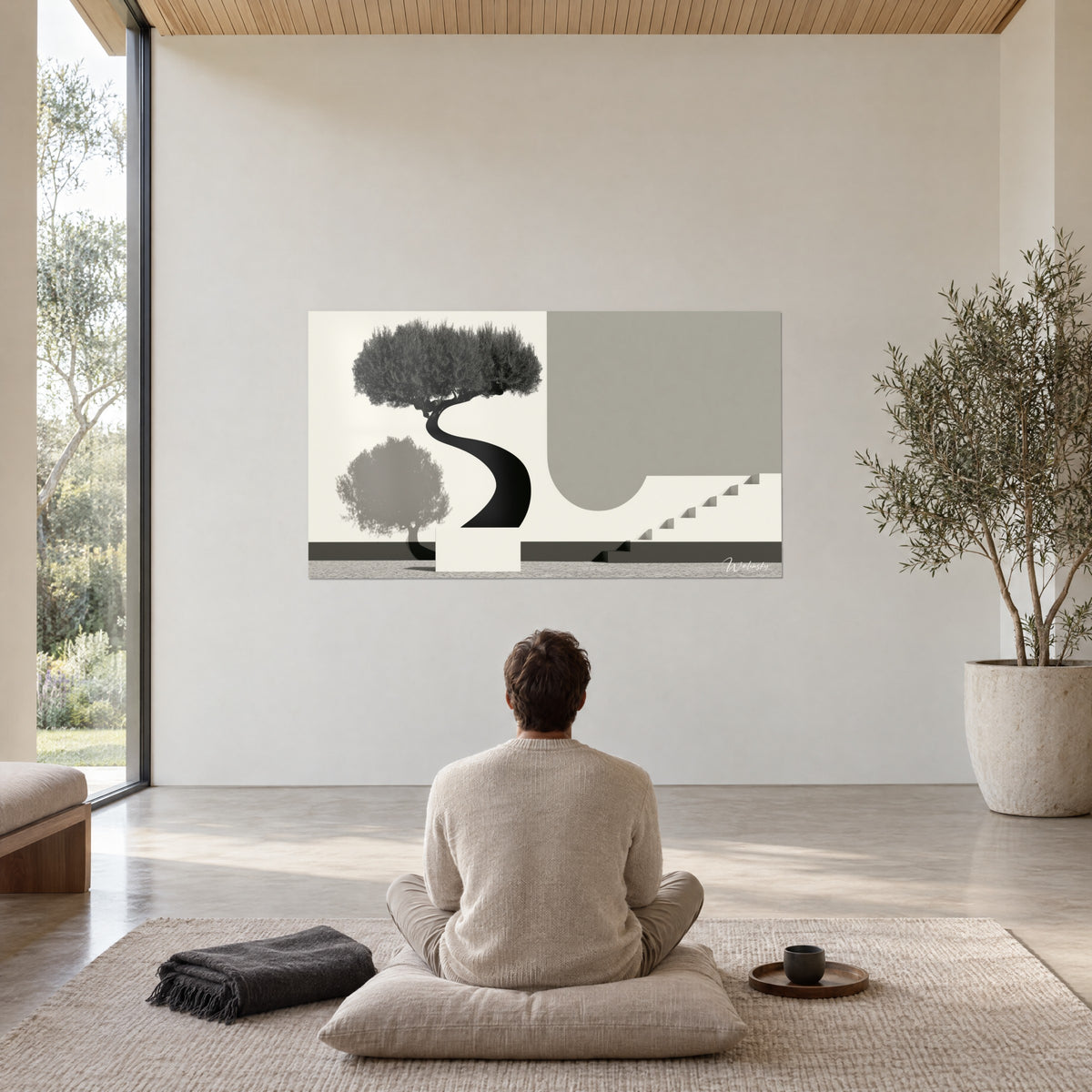 Tableau olivier stylisé, tronc noir en courbe, arche gris perle et marches crème, contemplé par un homme assis de dos sur un coussin