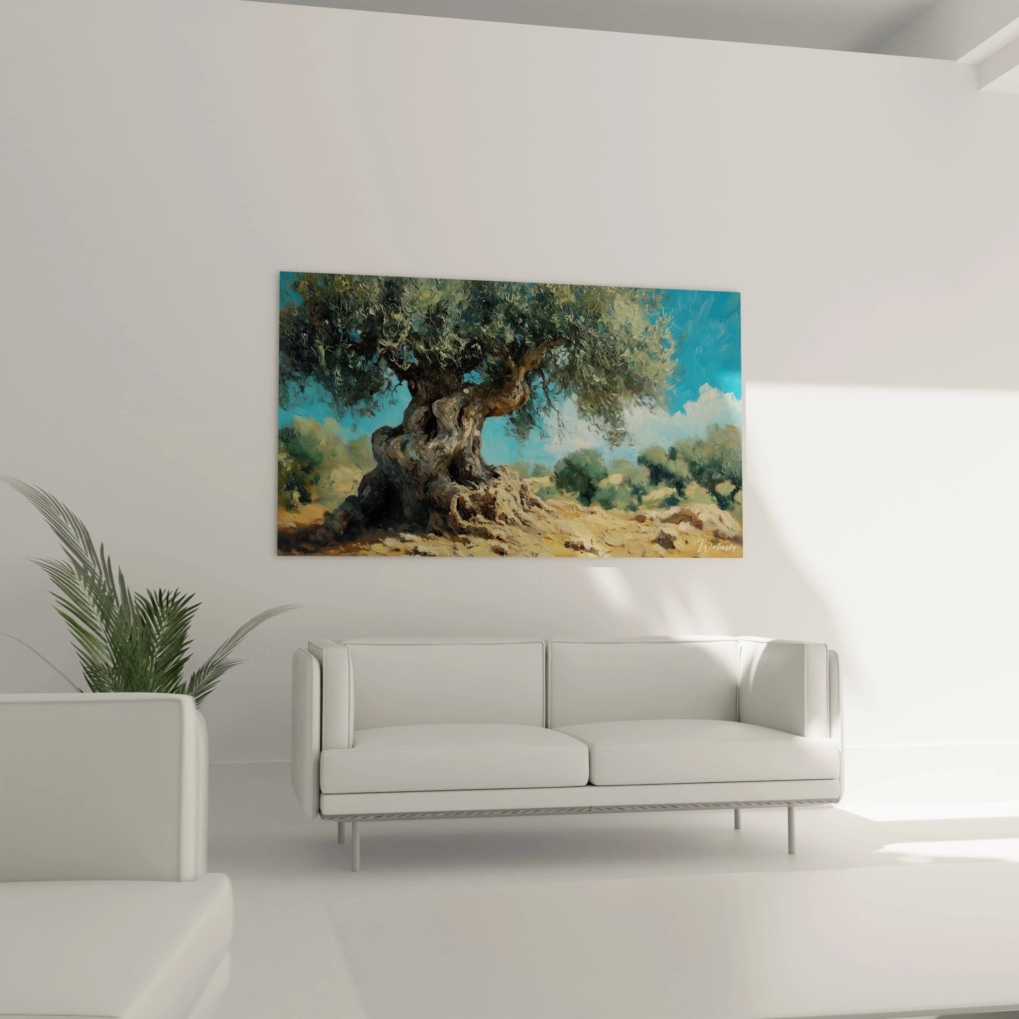 Un tableau arbre millénaire capturant un olivier ancestral au tronc massif et tordu, dont les racines s'agrippent à une terre sèche et ocre, avec un feuillage vert olive contrastant avec l'intensité du ciel bleu méditerranéen.