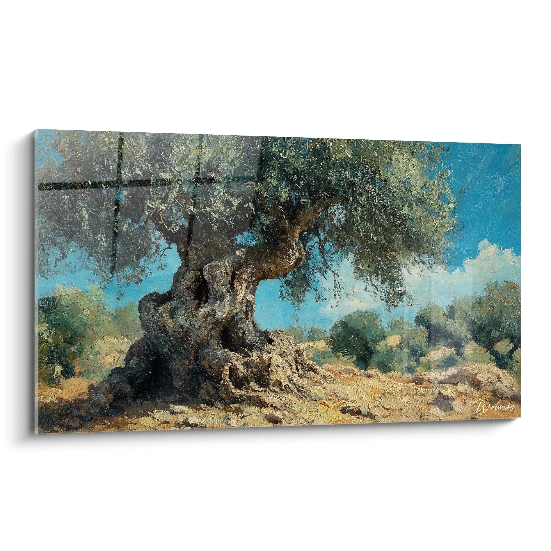 Un tableau olivier méditerranéen montrant un arbre ancien au tronc tortueux et noueux, avec feuillage vert-gris sur fond de ciel bleu intense et terrain ocre aride, peint avec des coups de pinceau texturés créant du relief.